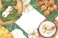 DifferentÃÂ Thai Desserts with white flowers. Top view with copy space for your text